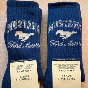 2 Pairs MUSTANG American Eagle CREW SOCKS Men Unisex Blue White Ford Horse NEW